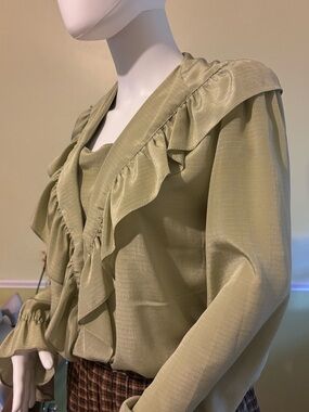 Vintage Olive Green Ruffle V-Neck Blouse by Vintage